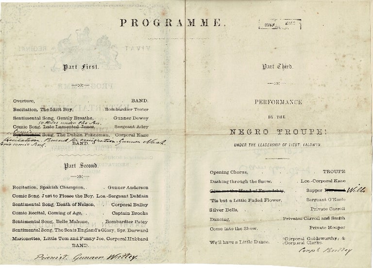 Item #52662 Programme of entertainment to be given at Camden Fort, (Cork Harbour) on Friday, 9th February, consisting of songs, recitations, music, dancing, marionettes &c and a special performance by the Garrison Negro Troupe. Garrison Negro Troupe.