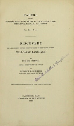 Item #52816 Discovery of a fragment of the printed copy of the work on the Millcayac language by...