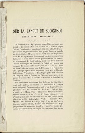 Item #52817 Sur la langue du Soconusco dite Mame ou Zaklohpakap [drop title]. Hyacinthe de Charencey