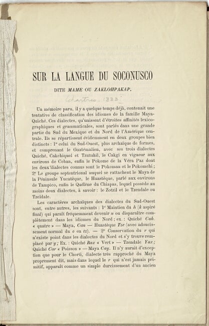 Item #52817 Sur la langue du Soconusco dite Mame ou Zaklohpakap [drop title]. Hyacinthe de Charencey.