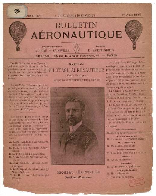 Item #53142 Bulletin Aéronautique 1er Aout 1889. Moreau De Saineville, pseud of Louis-Charles Moreau.