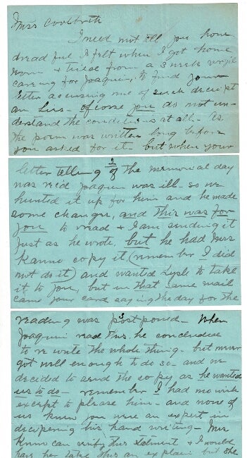 Item #53451 Two letters, the first a six-page autograph letter and the second a four-page autograph letter, both signed from Grace Russell Fountain to Ina Coolbrith regarding caring for Joachim Miller in old age. Grace Russell Fountain.