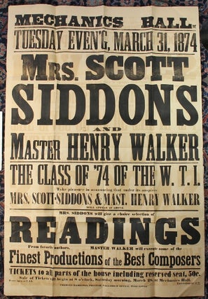 Item #53477 Mechanics Hall Tuesday Even'g March 31, 1874. Mrs. Scott Siddons and Master Henry...