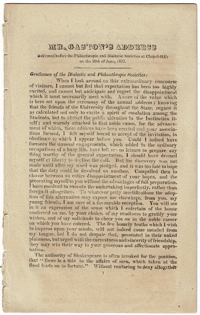 Item #53795 Mr. Gaston's address delivered before the Philanthropic and Dialectic Societies at Chapel-Hill; on the 20th of June, 1832 [drop title]. William Gaston.