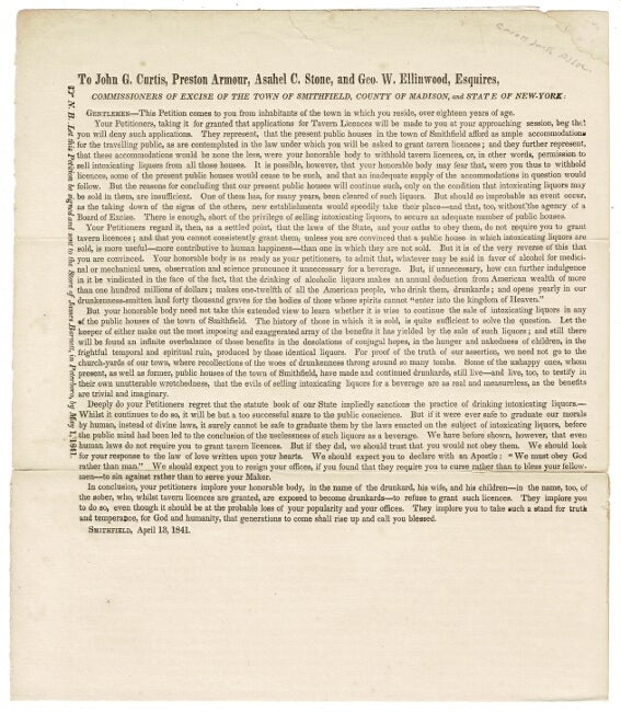 Item #53958 To John G. Curtis, Preston Armour, Asahel C. Stone, and Geo. W. Ellinwood, Esquires, commissioners of excise of the town of Smithfield, County of Madison, and State of New York