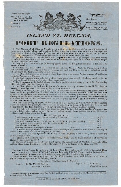 Item #54091 Island St. Helena, port regulations. R. M. Pritchard, Collector of Customs, Colonial Secretary R. C. Pennell.