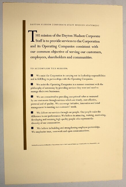 Item #54754 Dayton Hudson corporate staff mission statement. Dayton Hudson Corporation.