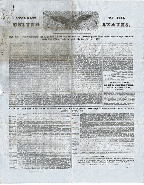 Item #54948 An act for the government and regulation of seamen in the Merchants' Service ... [drop title]. [With:] Chap. 23. An act in addition to the several acts regulating the shipment and discharge of seamen, and the duties of consuls. Approved July 20, 1840. Congress of the United States.