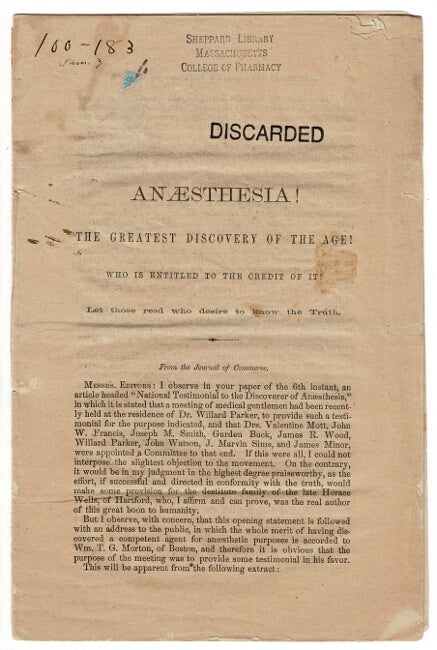 Item #54965 Anaesthesia! The greatest discovery of the age! Who is entitled to the credit of it? [drop title]. Truman Smith.