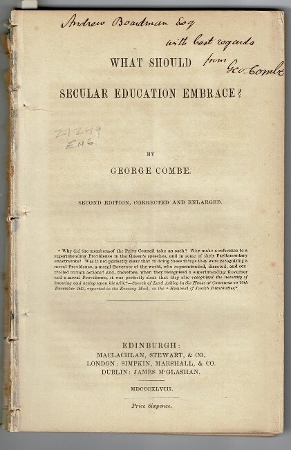 Item #54995 What should secular education embrace? Second edition, corrected and enlarged. William Combe.