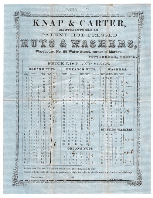 Item #55023 Knap & Carter, manufacturers of patent hot pressed nuts & washers, Warehouse No. 85 Water Street, corner of Market, Pittsburgh, Penn'a. Knap, Carter.