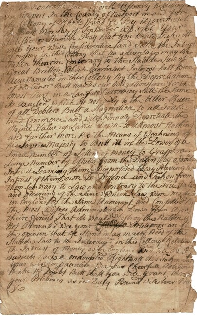 Item #55162 Manuscript petition to General Assembly in Newport against "Exorbatent interest" John Case.