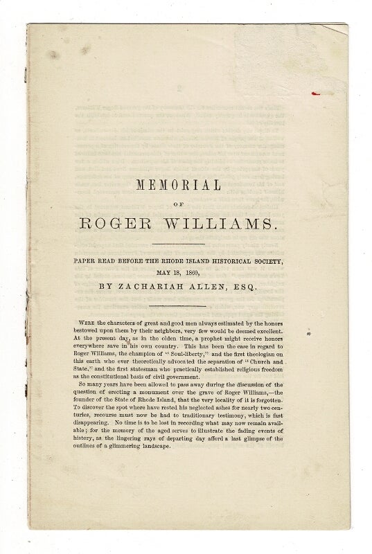 Item #55250 Memorial of Roger Williams. Paper read before the Rhode Island Historical Society [drop title]. Zachariah Allen.