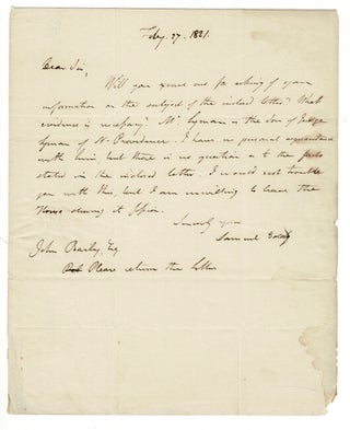 Item #55308 One-page autograph letter signed to John Bailey, Esq. Department of State. Samuel Eddy