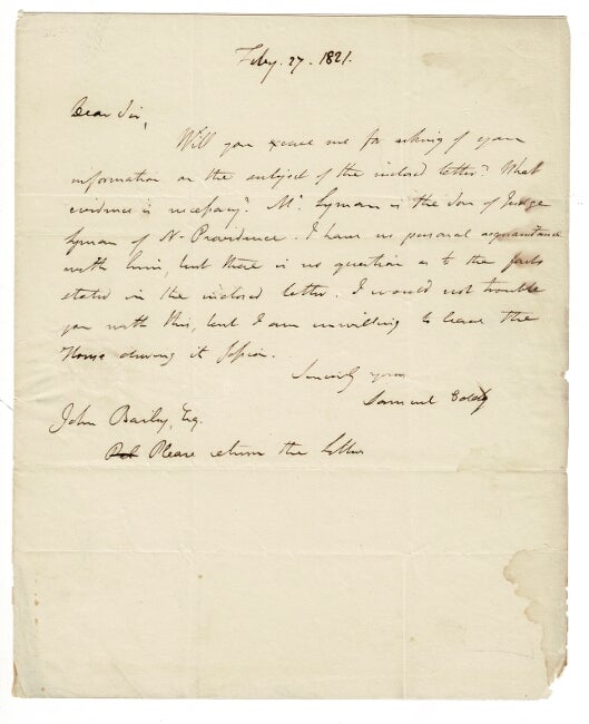 Item #55308 One-page autograph letter signed to John Bailey, Esq. Department of State. Samuel Eddy.