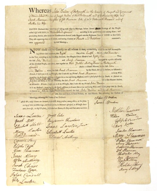 Item #55312 Quaker marriage contract between John Borden and Sarah Shearman