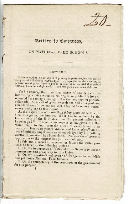 Item #55432 Letters to Congress, on national free schools [drop title]. Joseph Richardson.