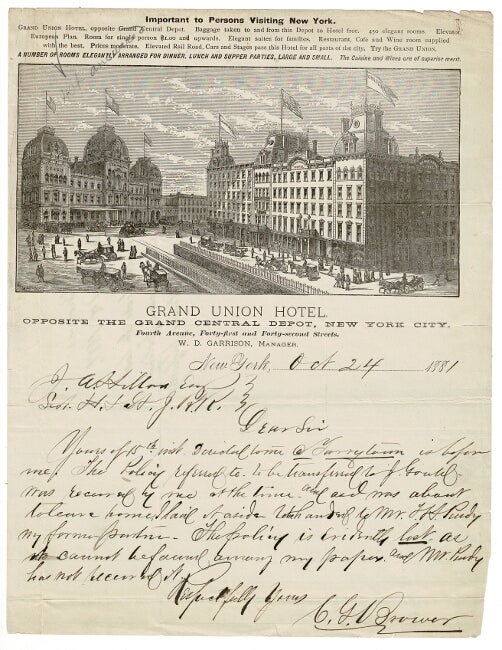 Item #55480 One-page autograph letter signed by C. G. V. Brower to J. A. Hillard beneath an elaborate wood engraving of the Grand Union Hotel, regarding a lost insurance policy which is to be transferred to J. Gould. Fourth Ave Grand Union Hotel, 41st, 42nd St.