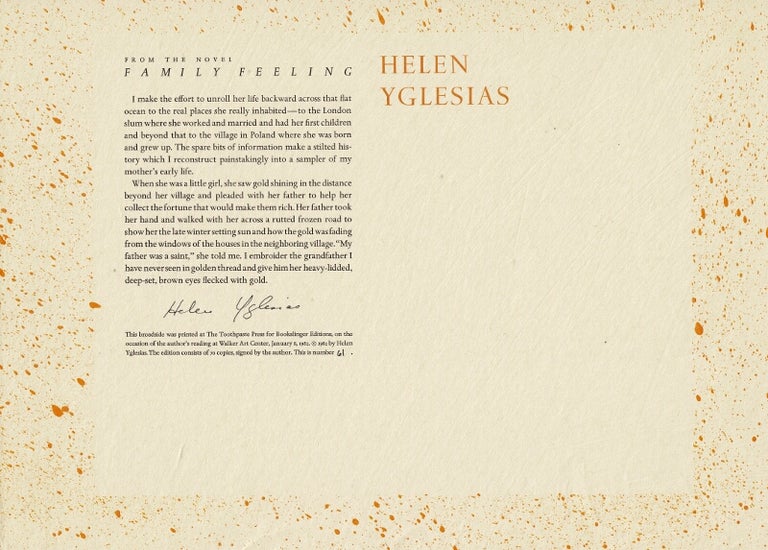 Item #55646 From the novel Family feeling. Helen Yglesias.