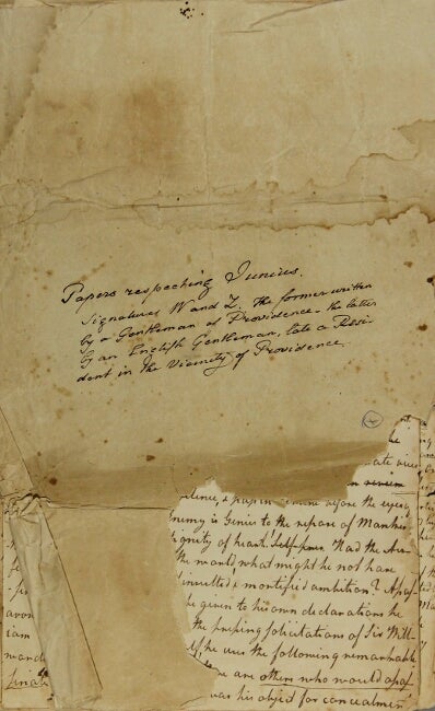 Item #55747 Manuscript essay on the Identity of Junius meant for publication in the Providence Gazette. William Sheldon.