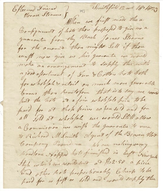 Item #56066 Three-page autograph letter signed to Horace Stearns, hatter, Cornhill, Boston. Thomas Buffum, Arnold Buffum.