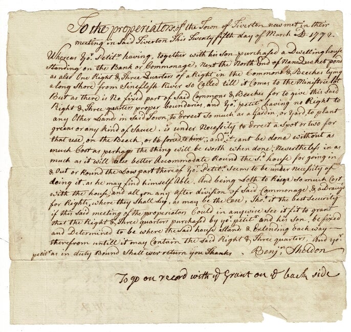 Item #56080 Two-page holograph petition to the town of Tiverton concerning a deed. Benjamin Sheldon.