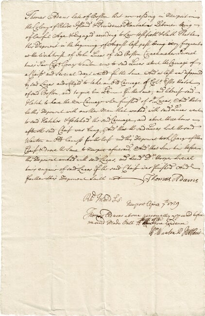 Item #56112 One-page manuscript deposition regarding the construction of a carriage by John Lucas, Boston coachmaker. Thomas Adams.