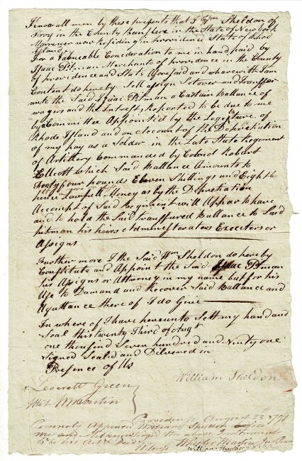 Item #56115 One-page legal document concerning additional pay for service in the Revolutionary War. William Sheldon.
