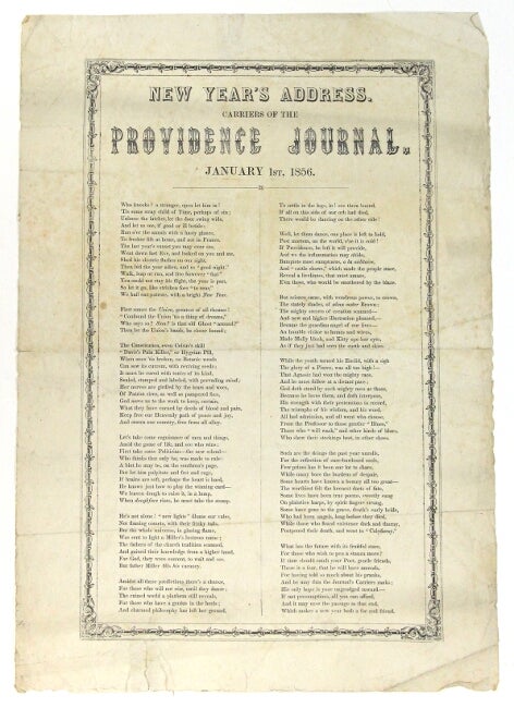 Item #56140 New Year's address. Carriers of the Providence Journal. January 1st, 1856. Providence Journal.
