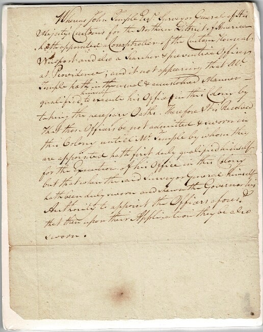 Item #56212 Manuscript resolution not to admit officers appointed by John Temple, Esq. (1732-1798) by Rhode Island colonial officials
