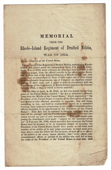 Item #56343 Memorial from the Rhode-Island Regiment of Drafted Militia, War of 1812 [drop title]