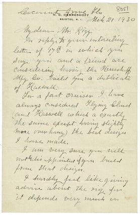 Item #56429 Two-page autograph letter signed on personalized stationery [N. G. Herreshoff,...