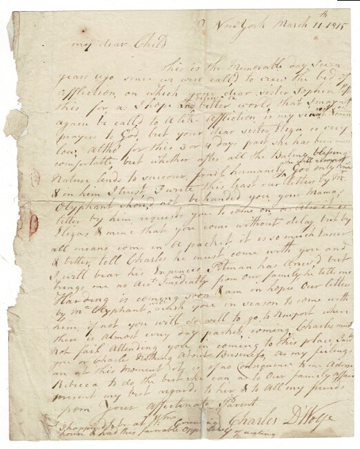 Item #56443 One-page autograph letter signed to "My dear child..." Charles D'Wolf, Capt.