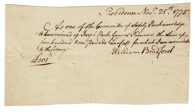 Item #56479 Small autograph document signed as a member of the Committee of Safety, and as Deputy Governor. William Bradford.