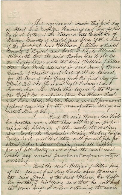 Item #56544 Five-year lease of the Warren Gas Light Company to William J. Miller. William J. Miller.