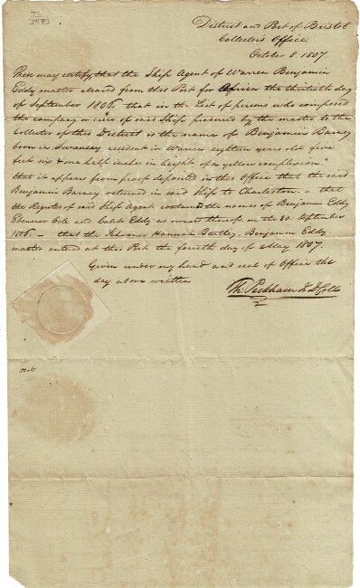 Item #56545 One-page document clearing the ship Agent, Benjamin Eddy, master, on a return voyage from Africa, via Charleston, and amending the Agent's manifest. Thomas Peckham, Sr.