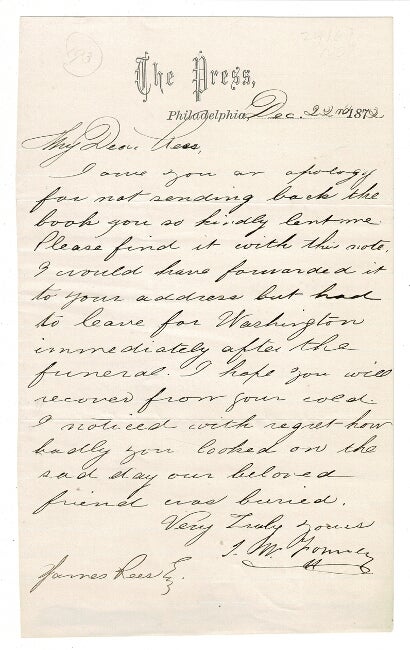 Item #56574 One page autograph letter signed to James Rees. W. Forney, ohn.