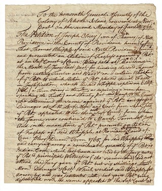Item #56615 Three-page autograph manuscript petition to the General Assembly of the Colony of...