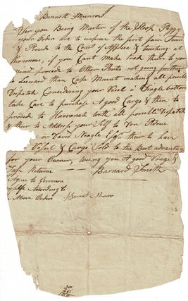 Item #56627 One-page autograph letter giving orders to Bennett Munro, master of the sloop Peggy....
