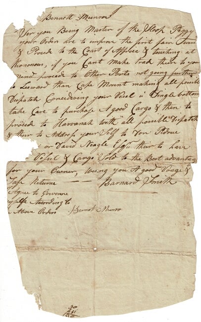 Item #56627 One-page autograph letter giving orders to Bennett Munro, master of the sloop Peggy. Barnard Smith.