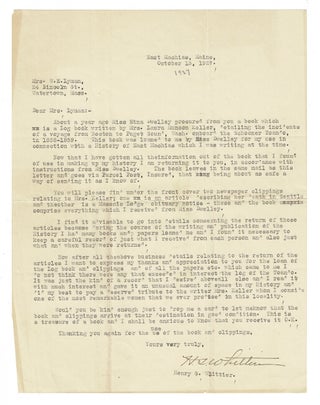Item #57081 One page typed letter signed to Mrs. W. E. Lyman at South Waterford, Maine,...