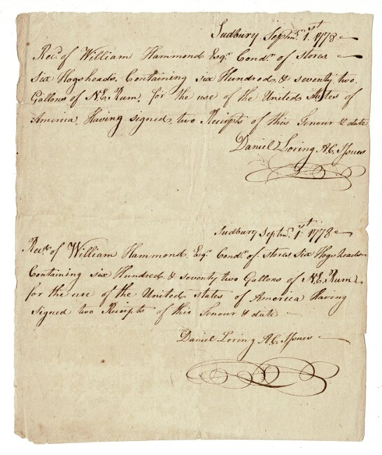 Item #57093 Manuscript receipts and rosters for the transportation of rum during the Revolutionary War 1776-1782