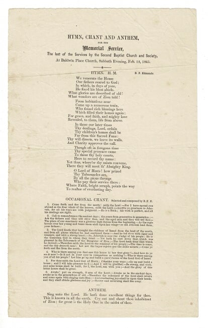 Item #57133 Hymn, chant and anthem for the memorial service, the last of the services by the Second Baptist Church and Society, at Baldwin Place Church, Sabbath evening, Feb. 12, 1865. George L. Prescott, Col.