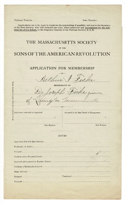 Item #57153 Application for membership of Arthur I. Fiske, descendant of Dr. Joseph Fiske, junior of Lexington, Massachusetts. Sons of the American Revolution.