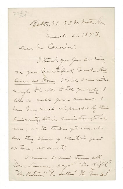 Item #57280 Two-page autograph signed letter to Madison Cawein concerning his poetry, March 31, 1893. Johnston, ichard, alcolm.