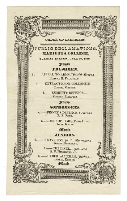 Item #57284 Order of exercises. Public declamations. Marietta College, Tuesday Evening, July 30, 1839. Marietta College.
