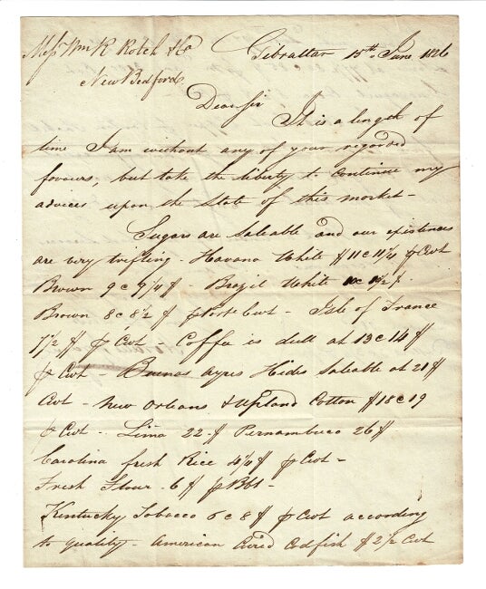 Item #57290 Two-page autograph letter signed to Rotch & Co. of New Bedford, from Horatio Sprague. William R. Rotch, Company.