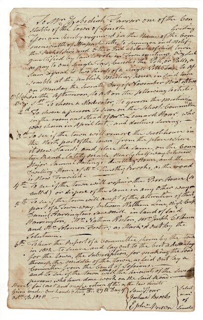 Item #57482 One-page manuscript warrant served by the constable, Zeb. Farrar, as directed by the selectmen Sam Hoar, Joshua Brooks & Ephr. Brown to "summon and notify the freeholders and other inhabitants ... qualified by law to vote in town meetings..."