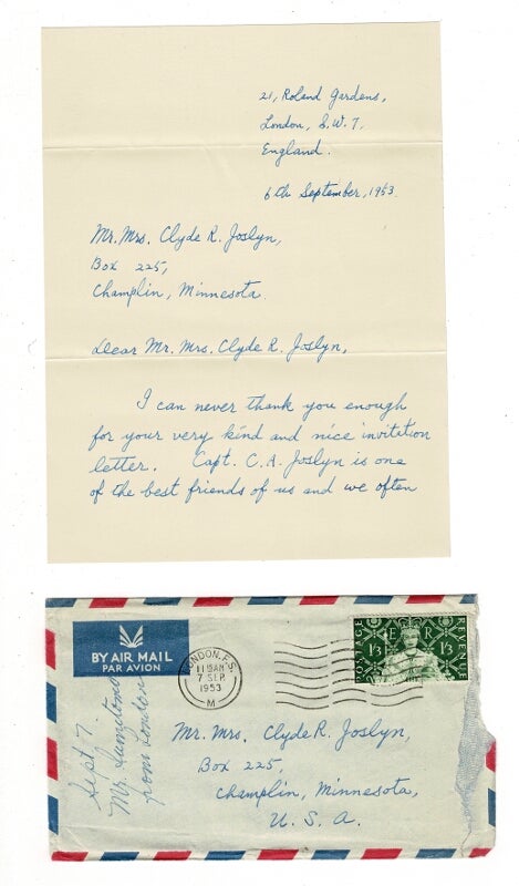 Item #57489 Collection of letters from Sadako Sumitomo of Tokyo to Mrs. Clyde R. Joslyn of Minneapolis. Sadako Sumitomo.