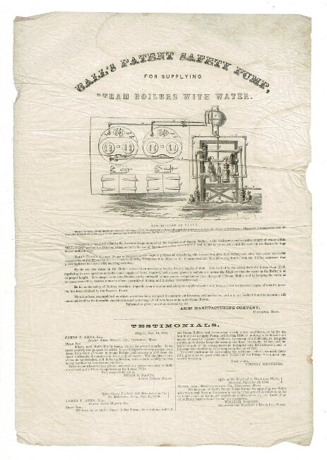 Item #57521 Ball's patent safety pump, for supplying steam boilers with water. Ames Manufacturing Company.